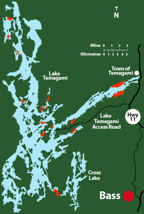 Bass fishing map of Lake Temagami