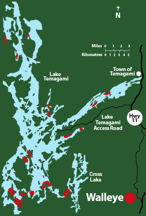 Walleye fish map of Lake Temagami