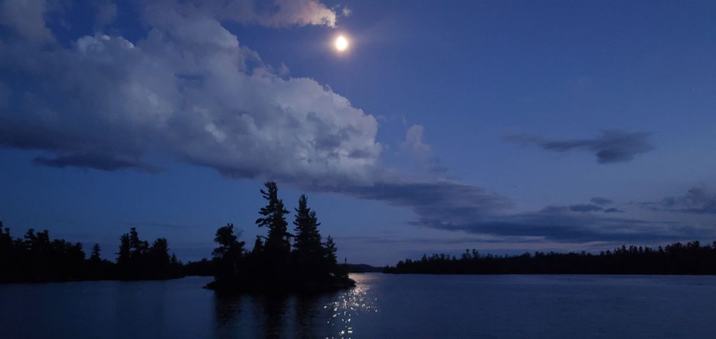 A nighttime lake view.
